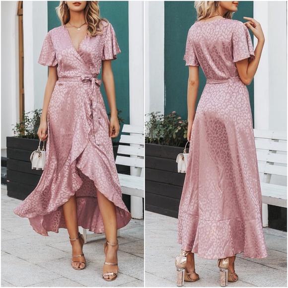 Leopard print Satin Ruffle Wrap Butterfly Sleeve Maxi Dress - Picture 2 of 3
